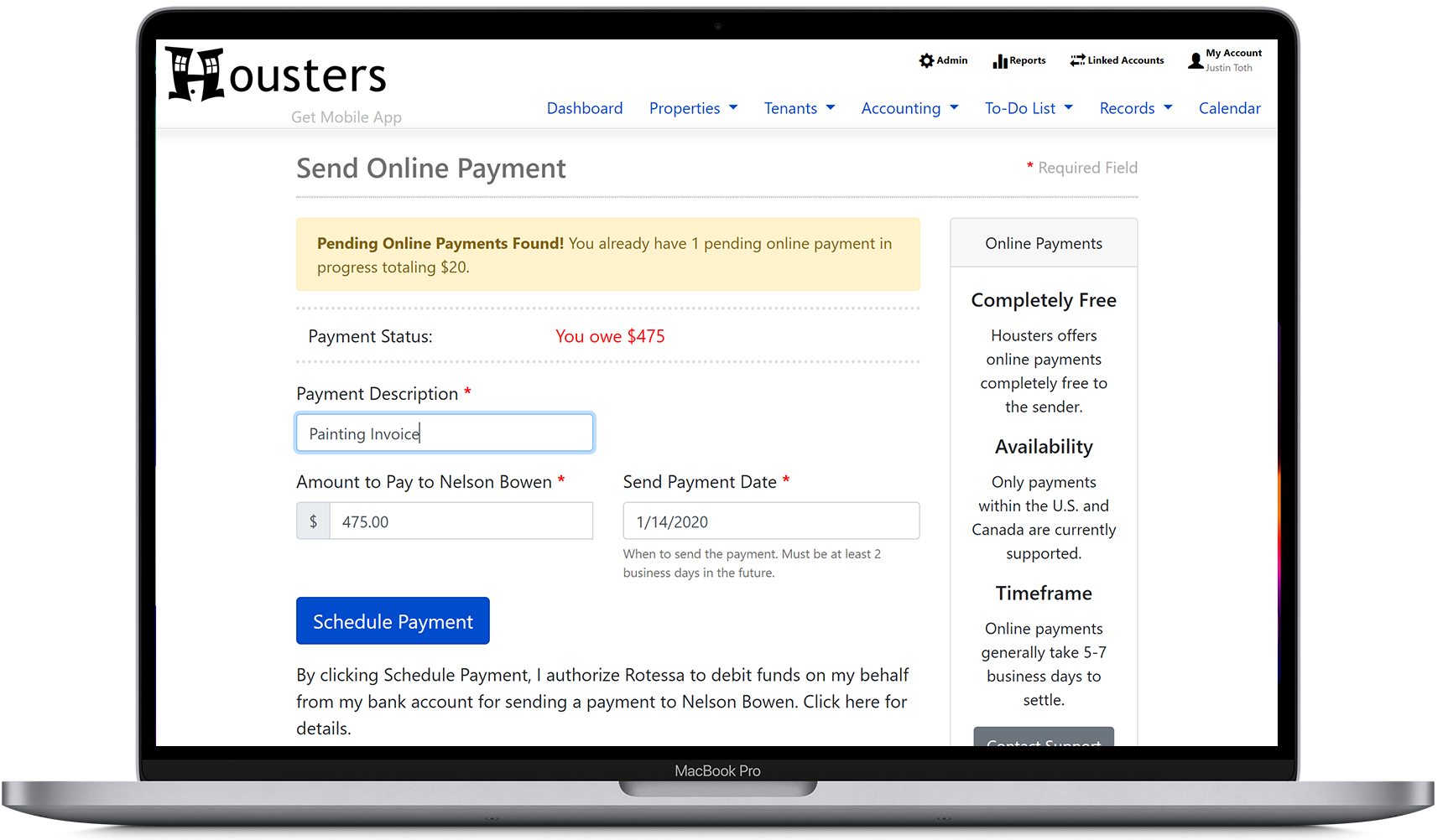 Landlords and property managers can send online payments to contractors from Housters' landlord software